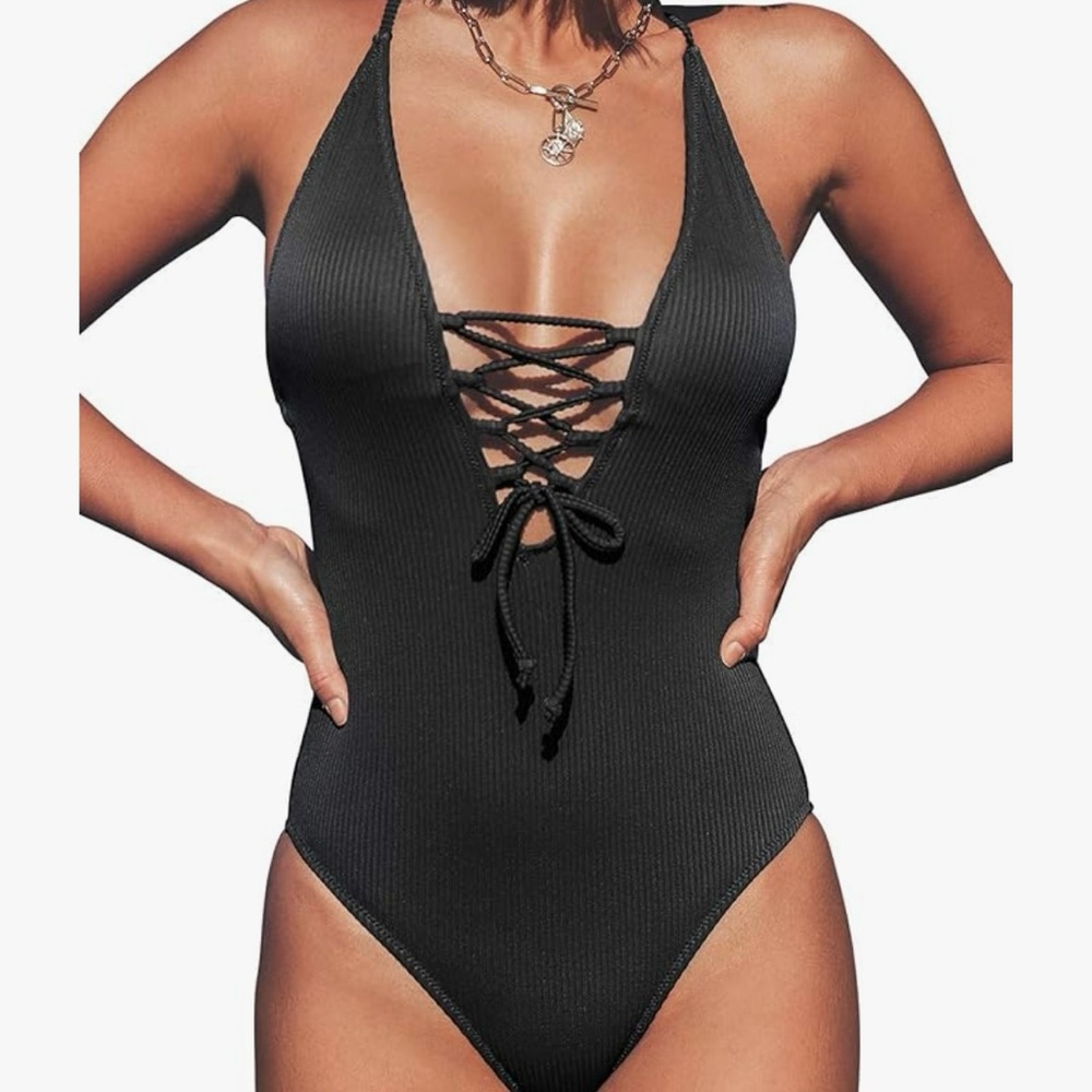 CUPSHE Women's Ribbed Black V Neck Lace Up One Piece Swimsuit